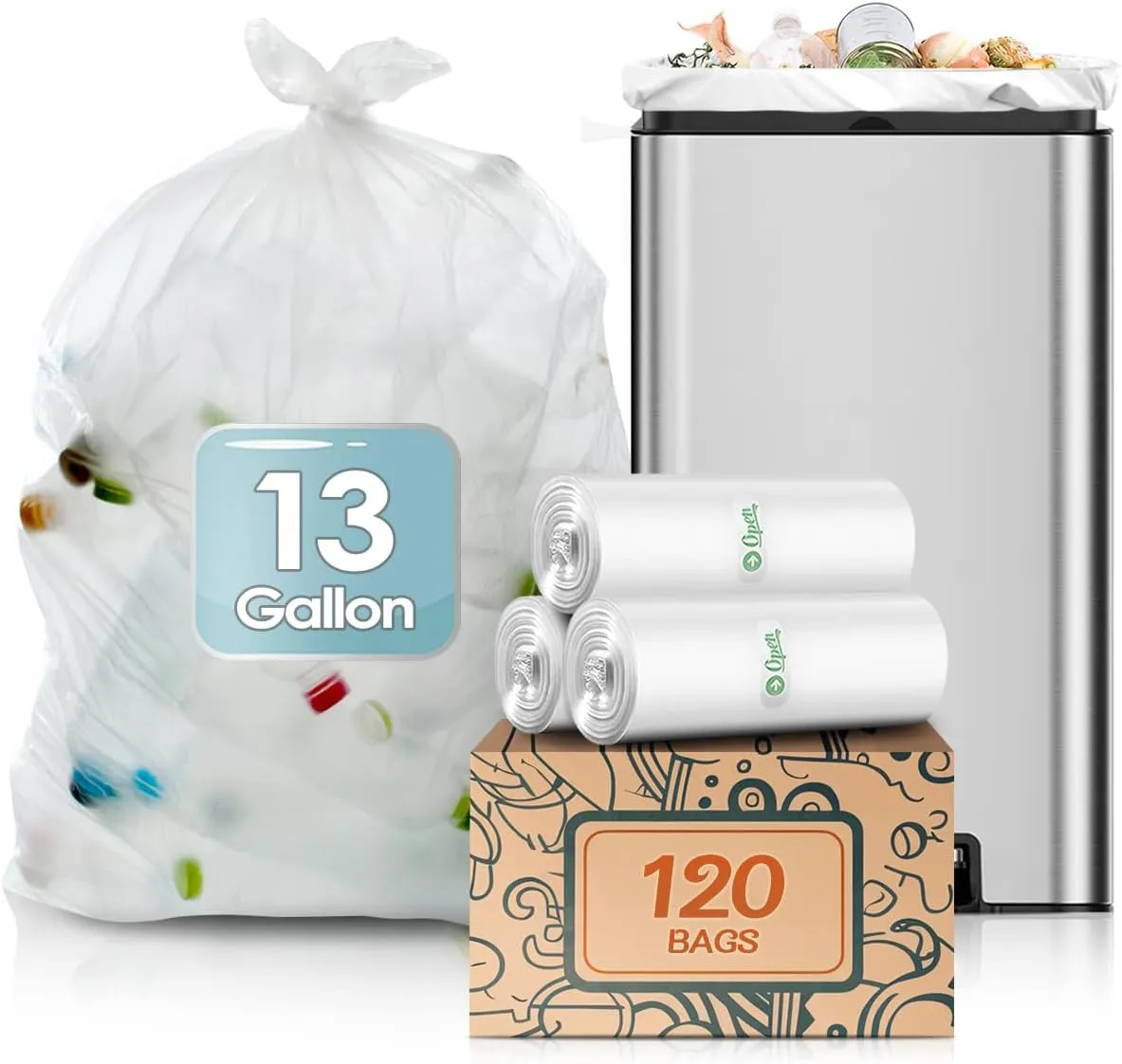 13 Gallon 120 Counts Strong Trash Bags Tall Kitchen Garbage Bags by Teivio, 12 Gallon 13 Gallon 14 Gallon, Multi-Use Bin Liners, Plastic Bags for Home Office Kitchen Yard Industrial, Clear