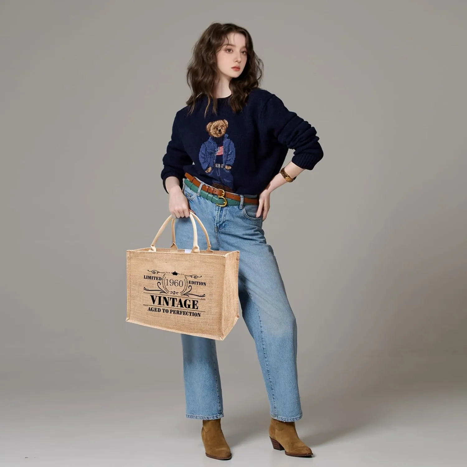 1956 1957 1958 1959 1960 1961 1962 1963 1964 1965 Burlap Jute Tote Bags for Women, 17" x 6.8" x 11.8"