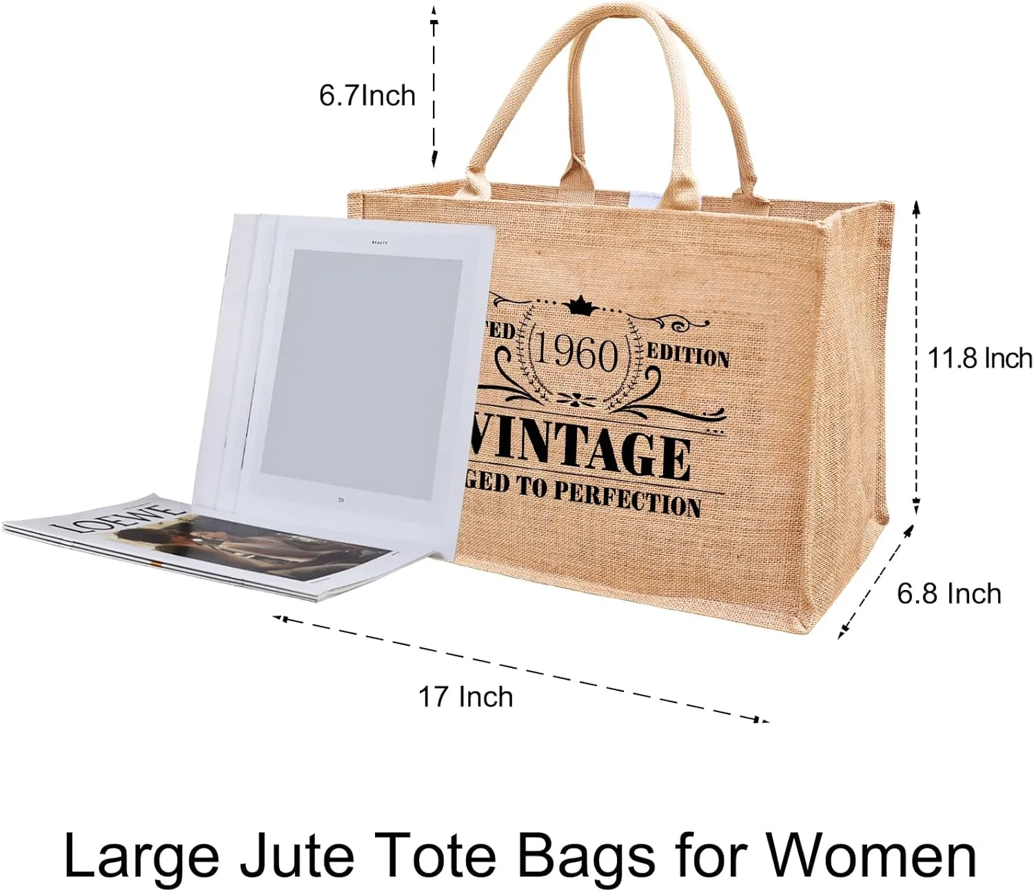 1956 1957 1958 1959 1960 1961 1962 1963 1964 1965 Burlap Jute Tote Bags for Women, 17" x 6.8" x 11.8"