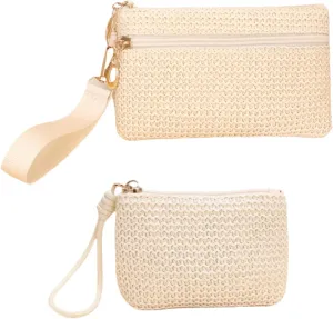2 PCS Straw Clutch Bag, Handbag Clutch Purses for Women Summer Rattan Bags Zipper Wristlet Wallets Bags