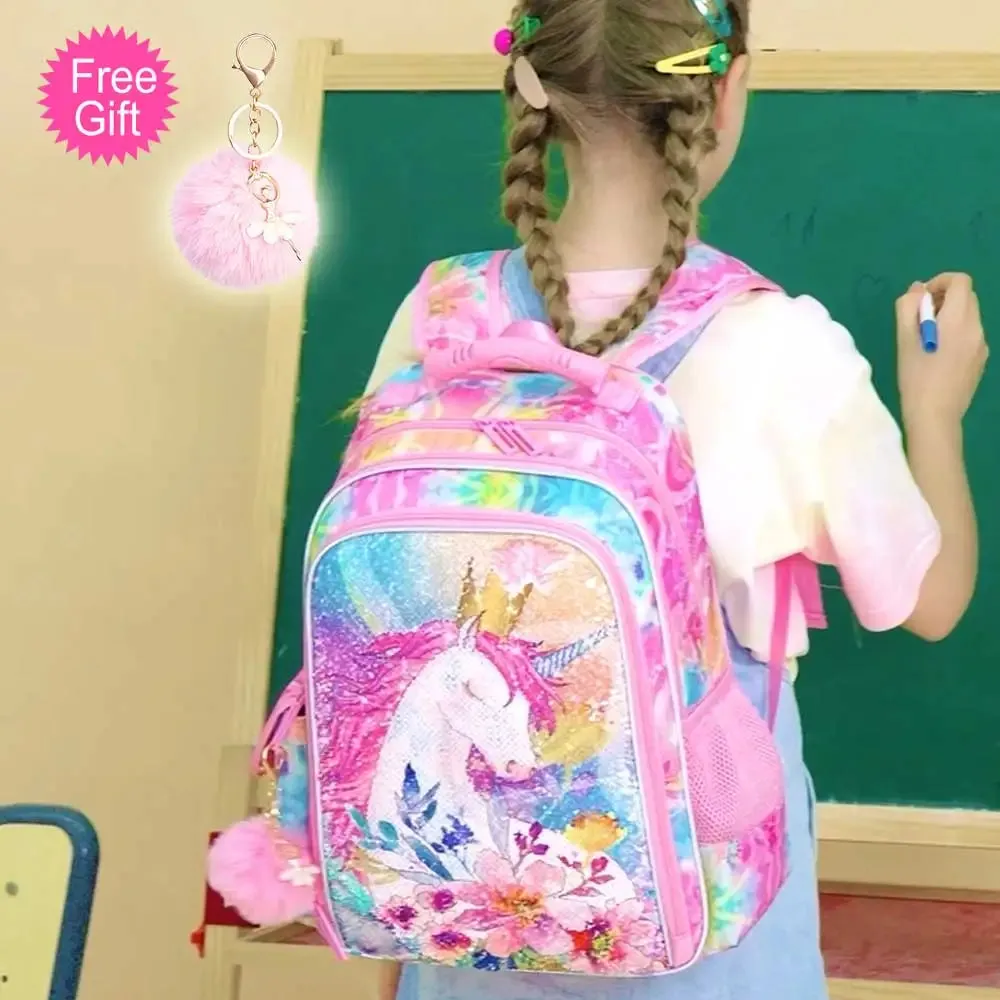 3 Piece Sequin Unicorn Backpack Set For Girls 16 Inch With Lunch Box L For Elementary School