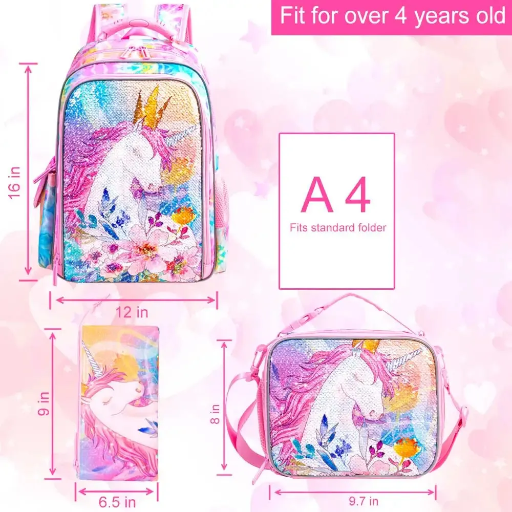 3 Piece Sequin Unicorn Backpack Set For Girls 16 Inch With Lunch Box L For Elementary School