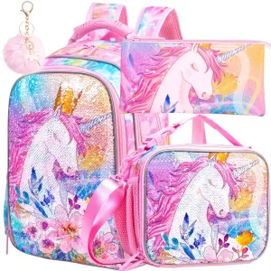 3 Piece Sequin Unicorn Backpack Set For Girls 16 Inch With Lunch Box L For Elementary School
