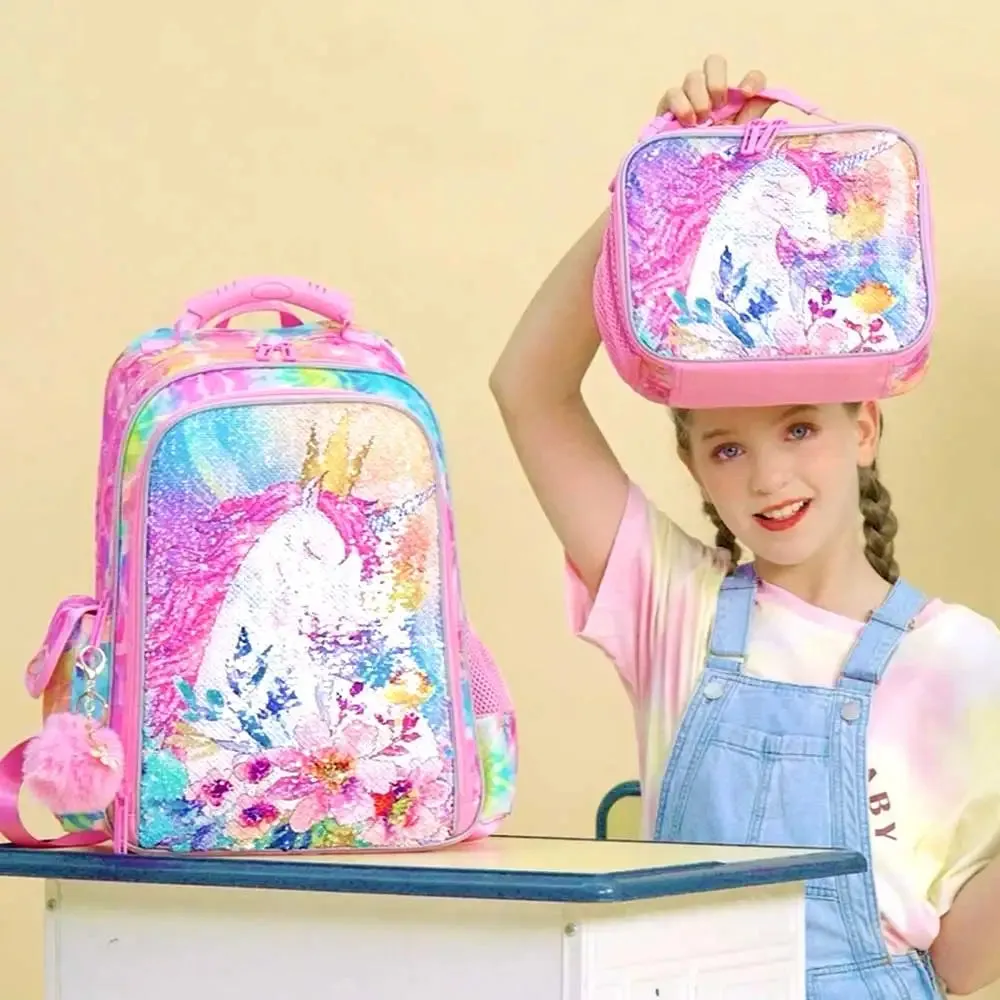 3 Piece Sequin Unicorn Backpack Set For Girls 16 Inch With Lunch Box L For Elementary School