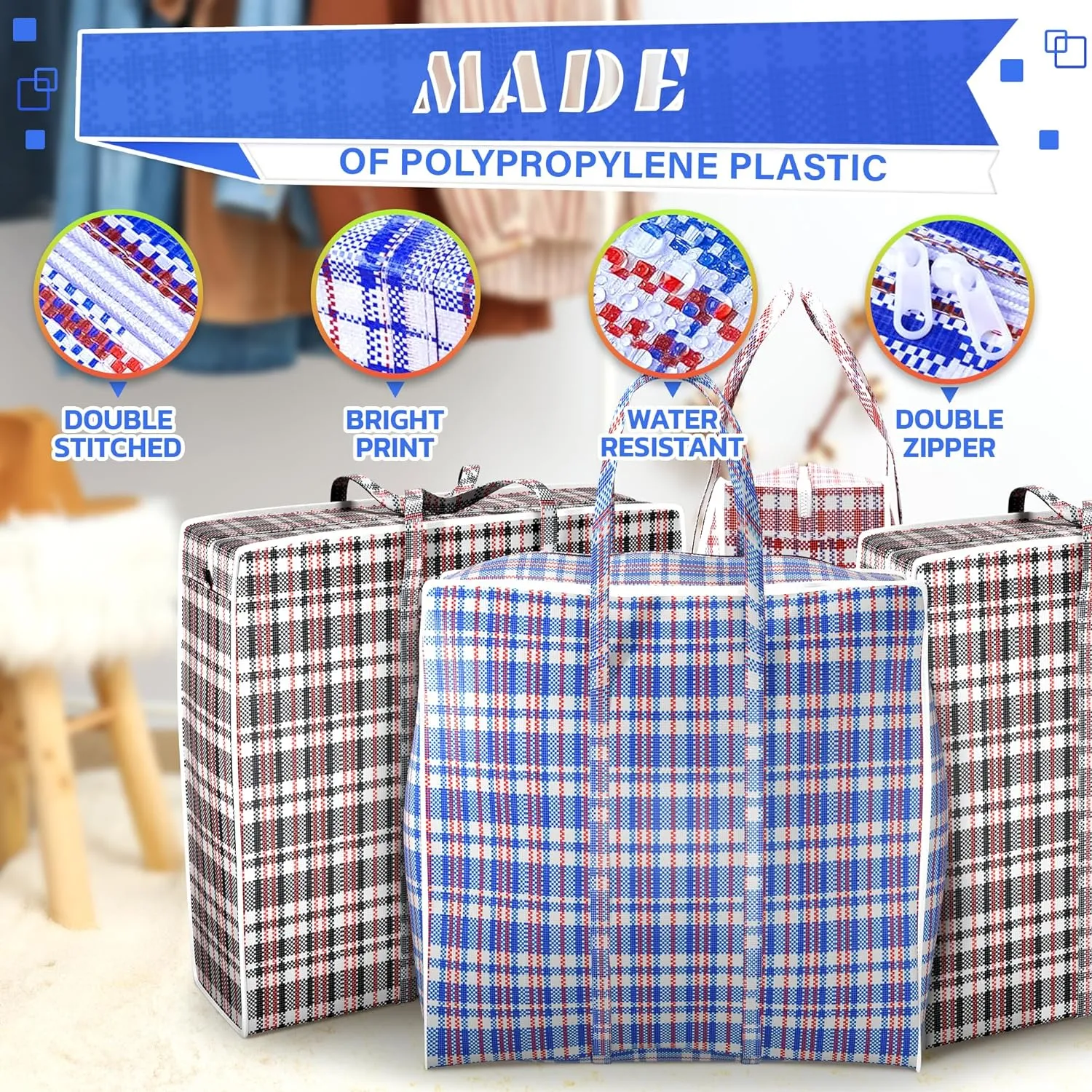 4 Pcs Extra Large Laundry Bag With Handles  Extra Large Moving Bags With Zippers  23.6 x 23.6 x 5.5 Inch (13 Gallons), Durable Checkered Travel Bags for Clothes, Moisture and Dirt Resistant