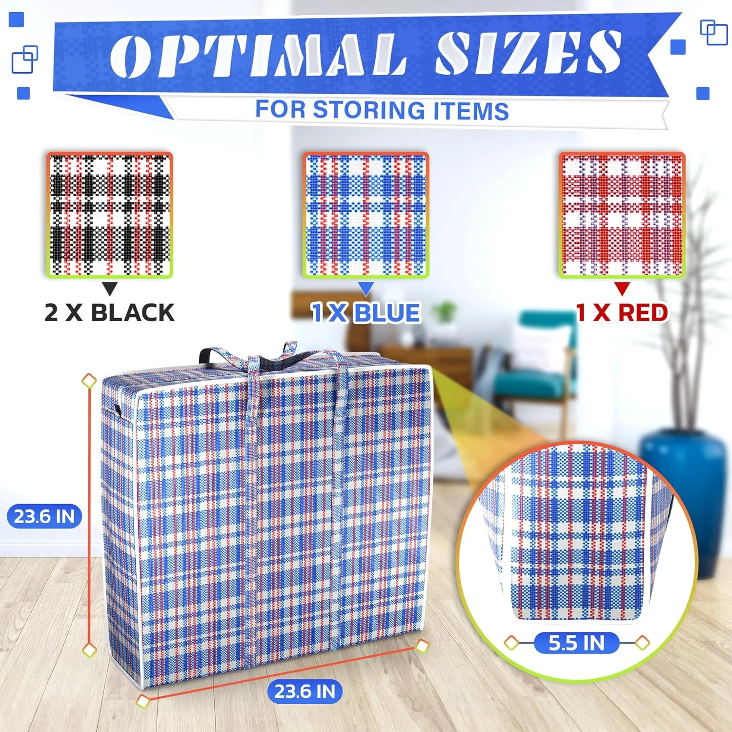 4 Pcs Extra Large Laundry Bag With Handles  Extra Large Moving Bags With Zippers  23.6 x 23.6 x 5.5 Inch (13 Gallons), Durable Checkered Travel Bags for Clothes, Moisture and Dirt Resistant