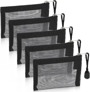 5 PCS Mini Zipper Mesh Bags Purse Organizer Pouches 3 x 4.5 Inch Nylon Makeup Organizer Portable Travel Cosmetic Pouch Kit (Black)