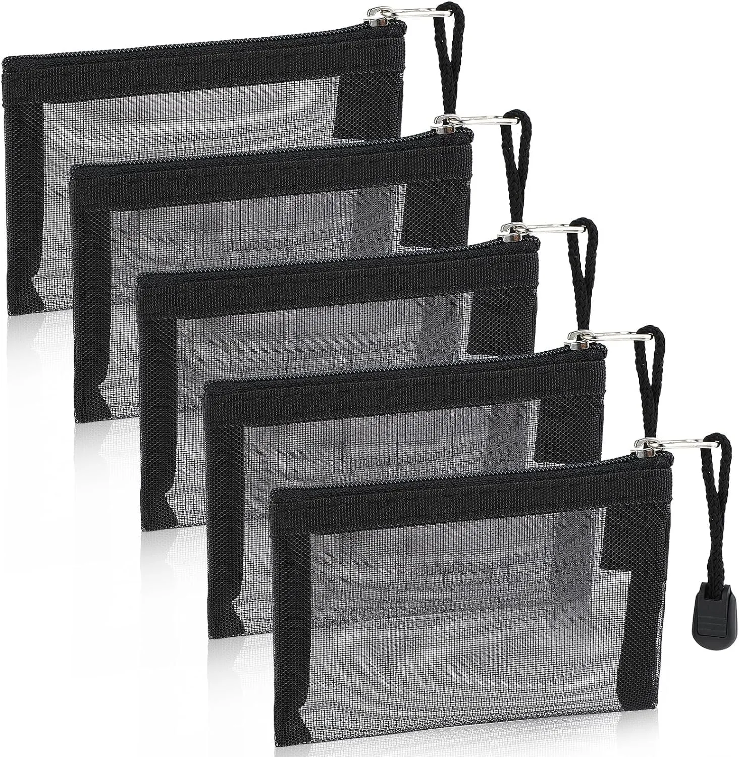 5 PCS Mini Zipper Mesh Bags Purse Organizer Pouches 3 x 4.5 Inch Nylon Makeup Organizer Portable Travel Cosmetic Pouch Kit (Black)