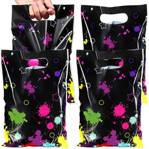 50 Pcs Neon Candy Goodie Bags Let's Glow in The Dark Party Supplies Plastic Colorful Treat Bags Neon Gift Wrap Decor with Die Cut Handles for Glow Birthday Party Decoration(Black)