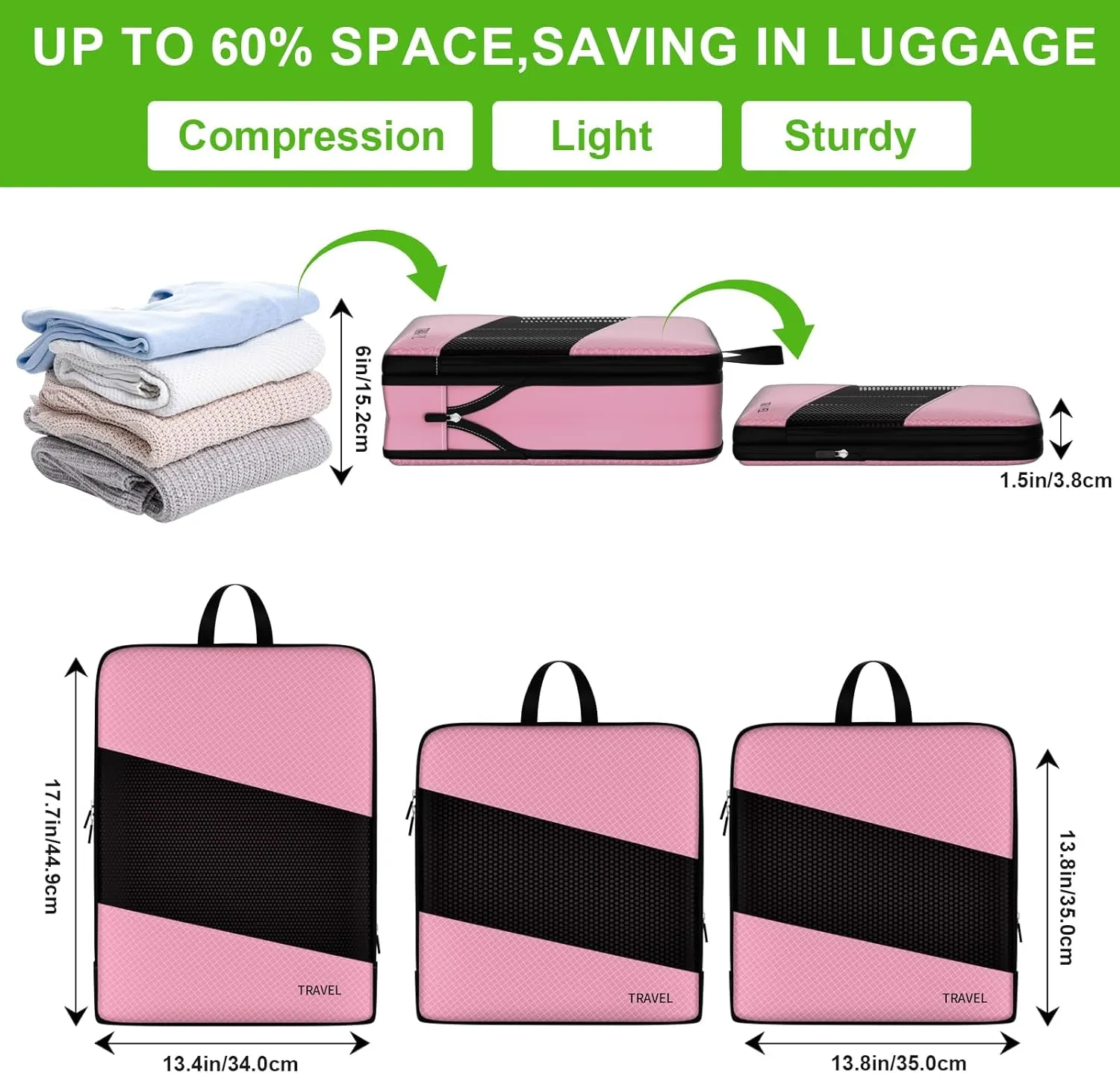6 Set Compression Packing Cubes for Carry On Suitcase - Must Have Travel Bags Organizer Set for Luggage Essentials (PINK)