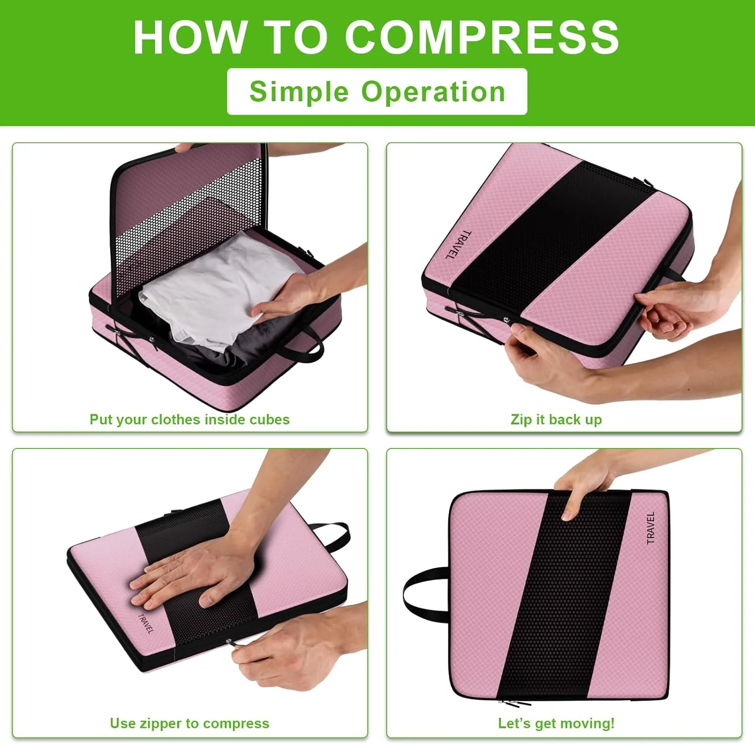 6 Set Compression Packing Cubes for Carry On Suitcase - Must Have Travel Bags Organizer Set for Luggage Essentials (PINK)