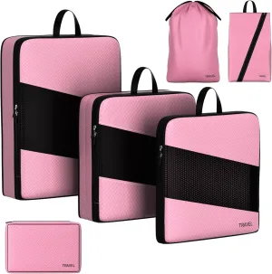 6 Set Compression Packing Cubes for Carry On Suitcase - Must Have Travel Bags Organizer Set for Luggage Essentials (PINK)