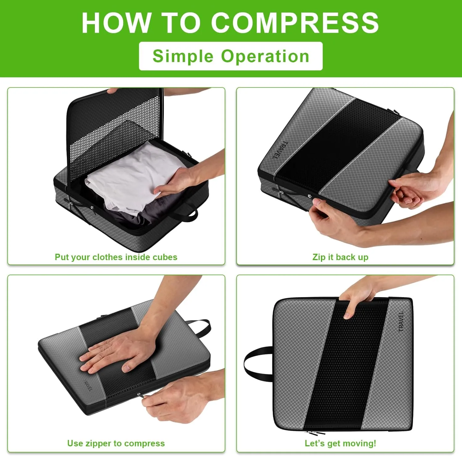 6 Set Compression Packing Cubes for Carry On Suitcase - Travel Bags Organizer Set for Luggage Essentials (Gray)