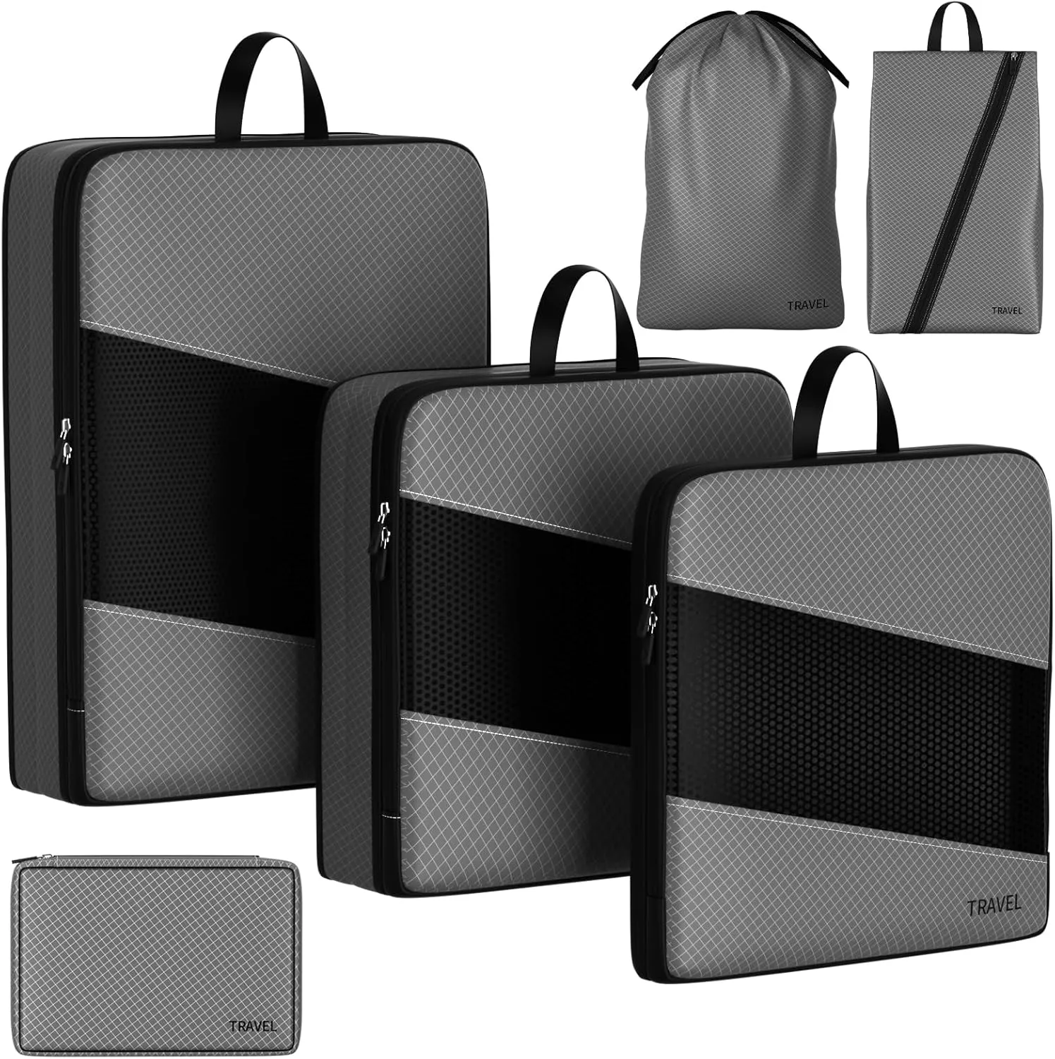 6 Set Compression Packing Cubes for Carry On Suitcase - Travel Bags Organizer Set for Luggage Essentials (Gray)
