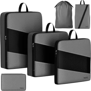 6 Set Compression Packing Cubes for Carry On Suitcase - Travel Bags Organizer Set for Luggage Essentials (Gray)