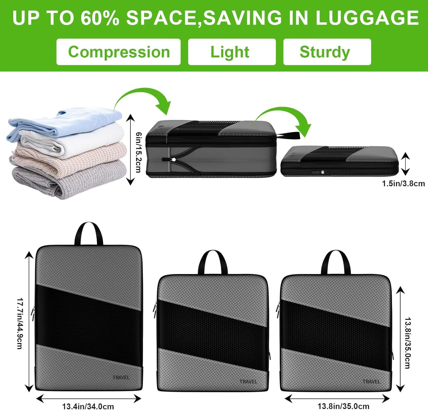 6 Set Compression Packing Cubes for Carry On Suitcase - Travel Bags Organizer Set for Luggage Essentials (Gray)