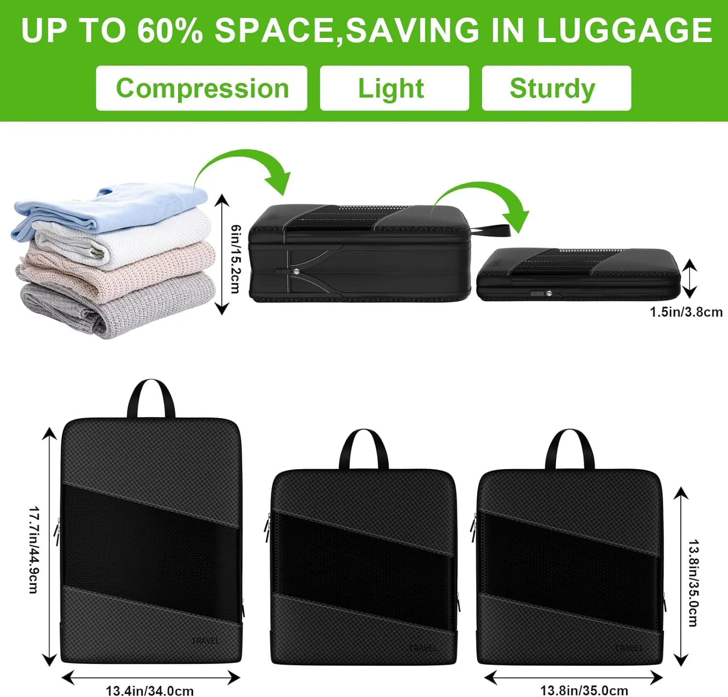 6 Set Compression Packing Cubes for Carry On Suitcase Travel Must Haves Travel Bags Organizer for Luggage Suitcase Organizer Bags Set for Travel Essentials Luggage Organizer BagsBlack)