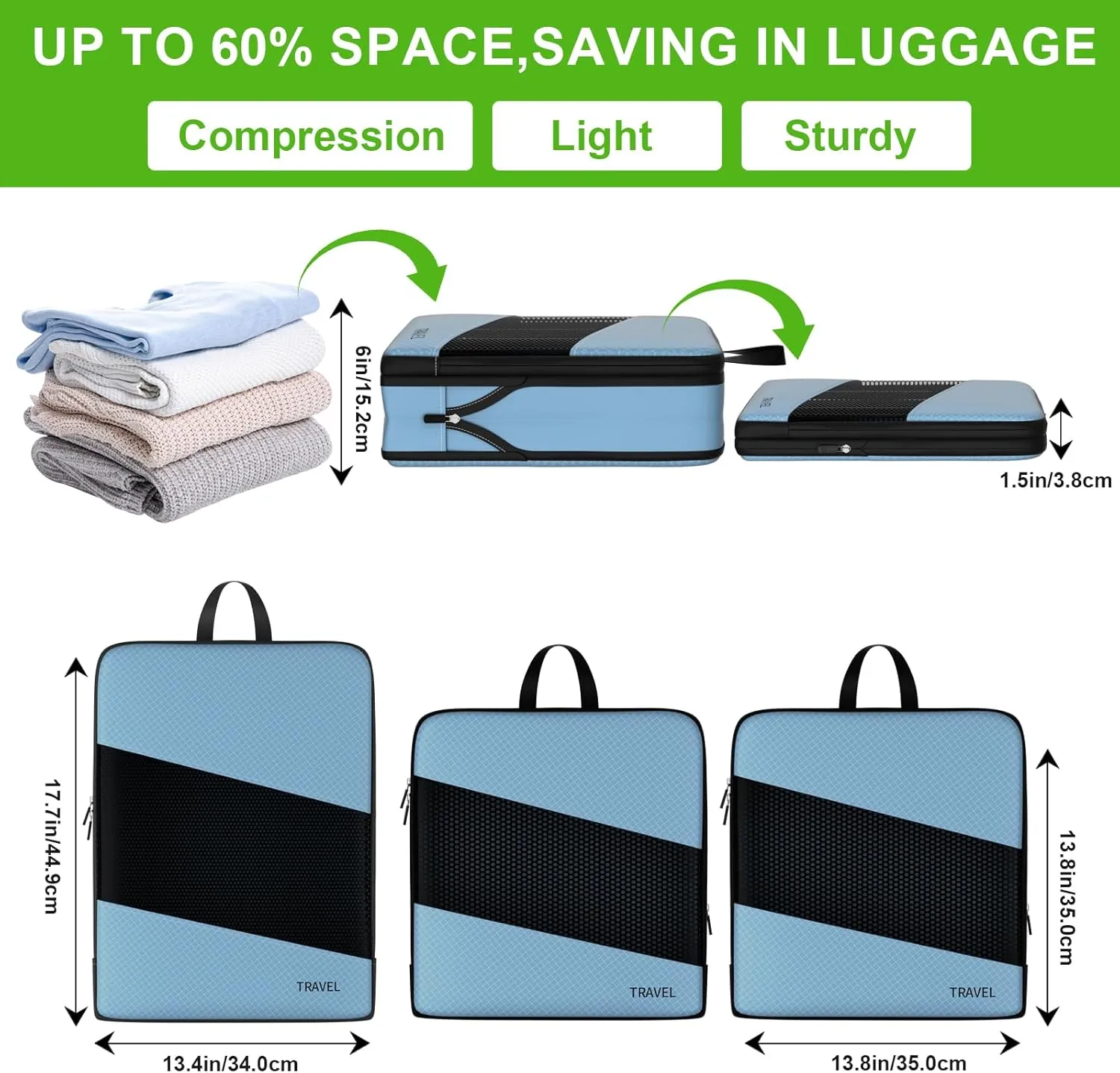 6 Set Compression Packing Cubes for Carry On Suitcase Travel Must Haves Travel Bags Organizer for Luggage Suitcase Organizer Bags Set for Travel Essentials Luggage Organizer BagsBLUE)