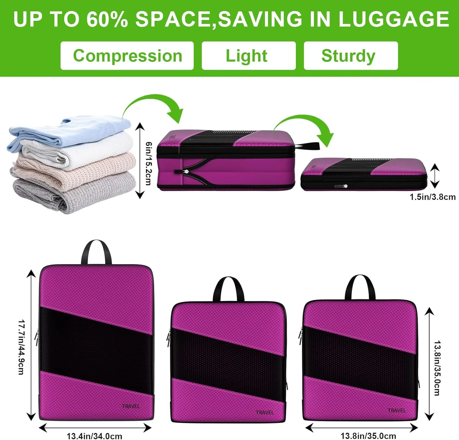 6 Set Compression Packing Cubes for Carry On Suitcase Travel Must Haves Travel Bags Organizer for Luggage Suitcase Organizer Bags Set for Travel Essentials Luggage Organizer BagsDark Purple)