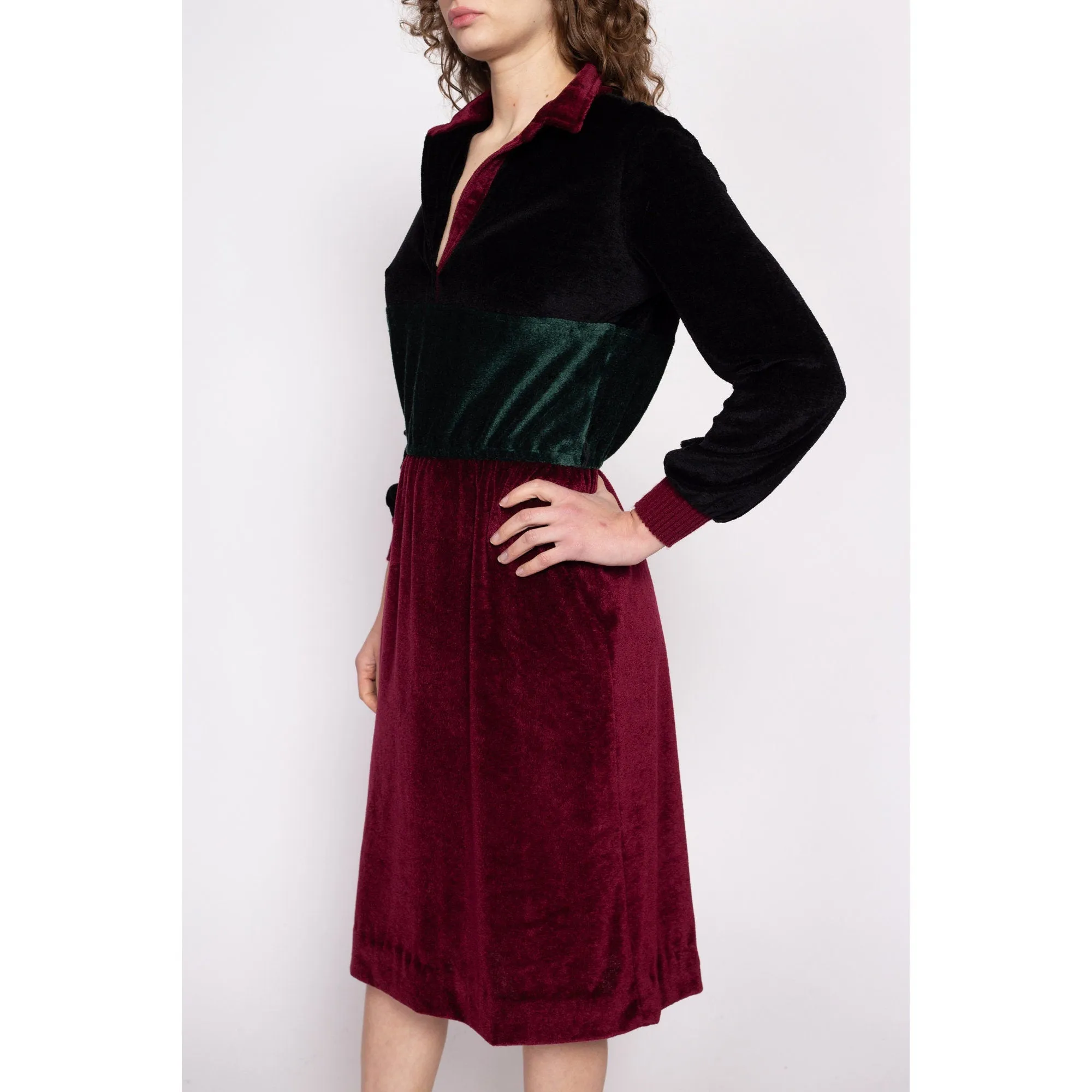 70s Jewel Tone Velour Midi Shirtdress - Medium to Large
