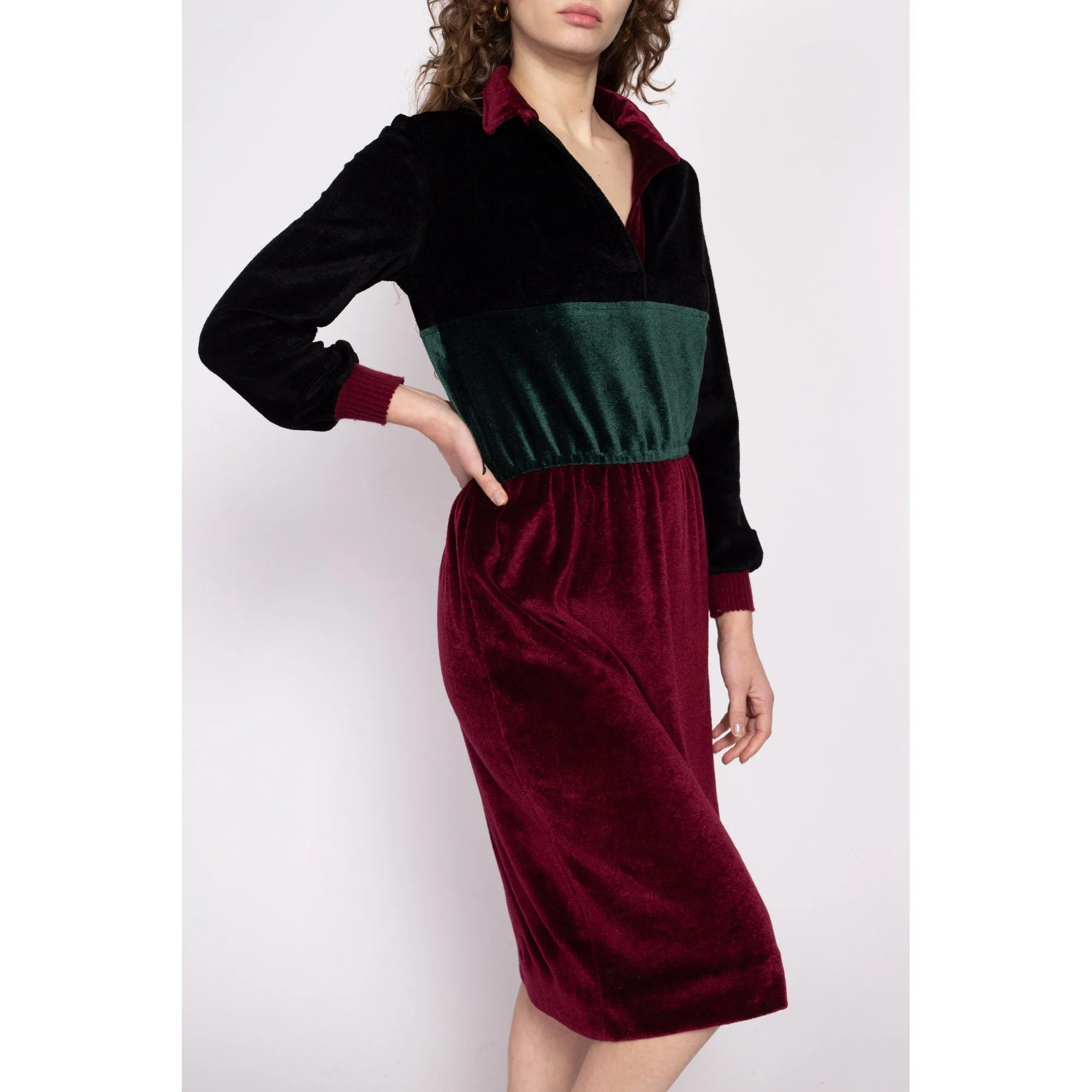 70s Jewel Tone Velour Midi Shirtdress - Medium to Large