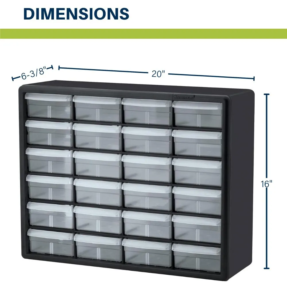 Akro-Mils 10124 24-Drawer Plastic Drawer Storage Cabinet for Garage Organization, Bead Organizer, Lego Storage, Teacher Toolbox, Makeup Organizer, and More, 20-Inch W x 6-Inch D x 16-Inch H, Black