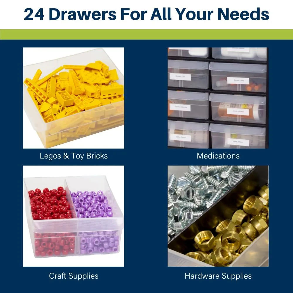 Akro-Mils 10124 24-Drawer Plastic Drawer Storage Cabinet for Garage Organization, Bead Organizer, Lego Storage, Teacher Toolbox, Makeup Organizer, and More, 20-Inch W x 6-Inch D x 16-Inch H, Black