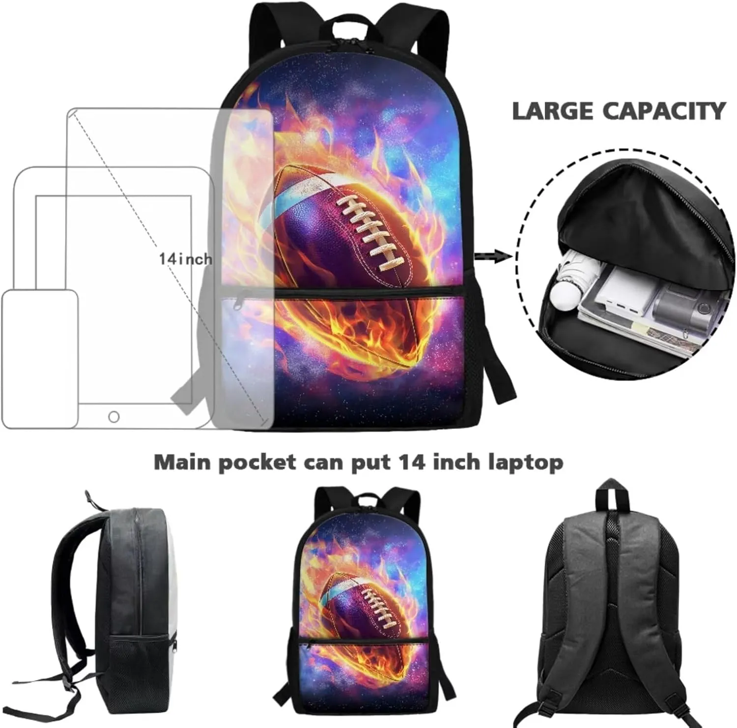 American Football Kids Backpack Boys Toddler Personalized Cool Teens Bookbag Age 8-10 for Primary Elementary Middle School 3 Pcs Schoolbag Set with Kids Lunchbox Pencil Case