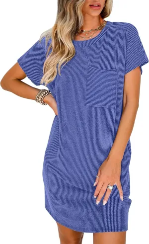 ANRABESS Womens Casual Summer Ribbed Knit Tunic Tshirt Mini Dresses 2025 Trendy Crewneck Short Sleeve Beach Loose Shift Dress