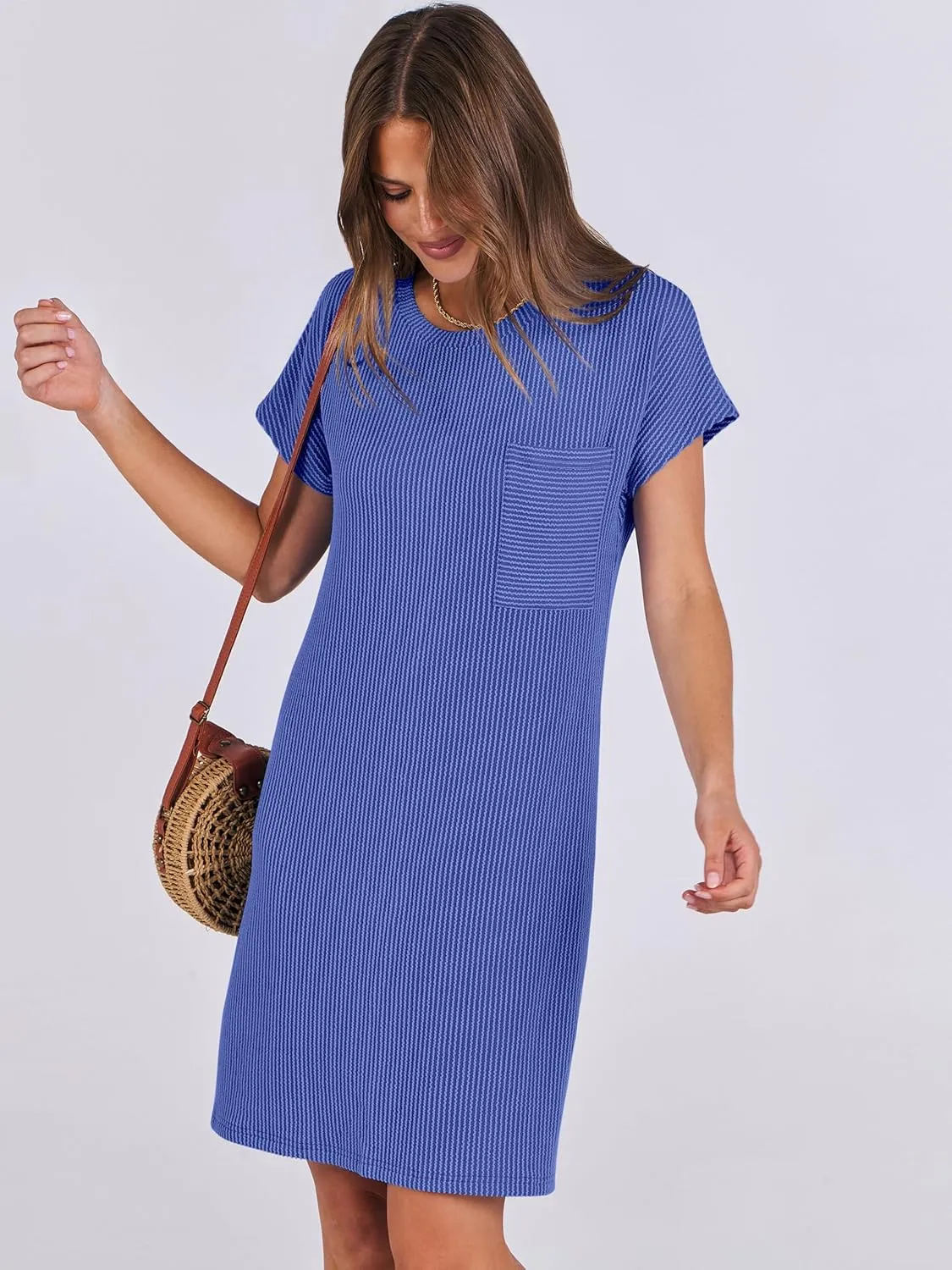 ANRABESS Womens Casual Summer Ribbed Knit Tunic Tshirt Mini Dresses 2025 Trendy Crewneck Short Sleeve Beach Loose Shift Dress