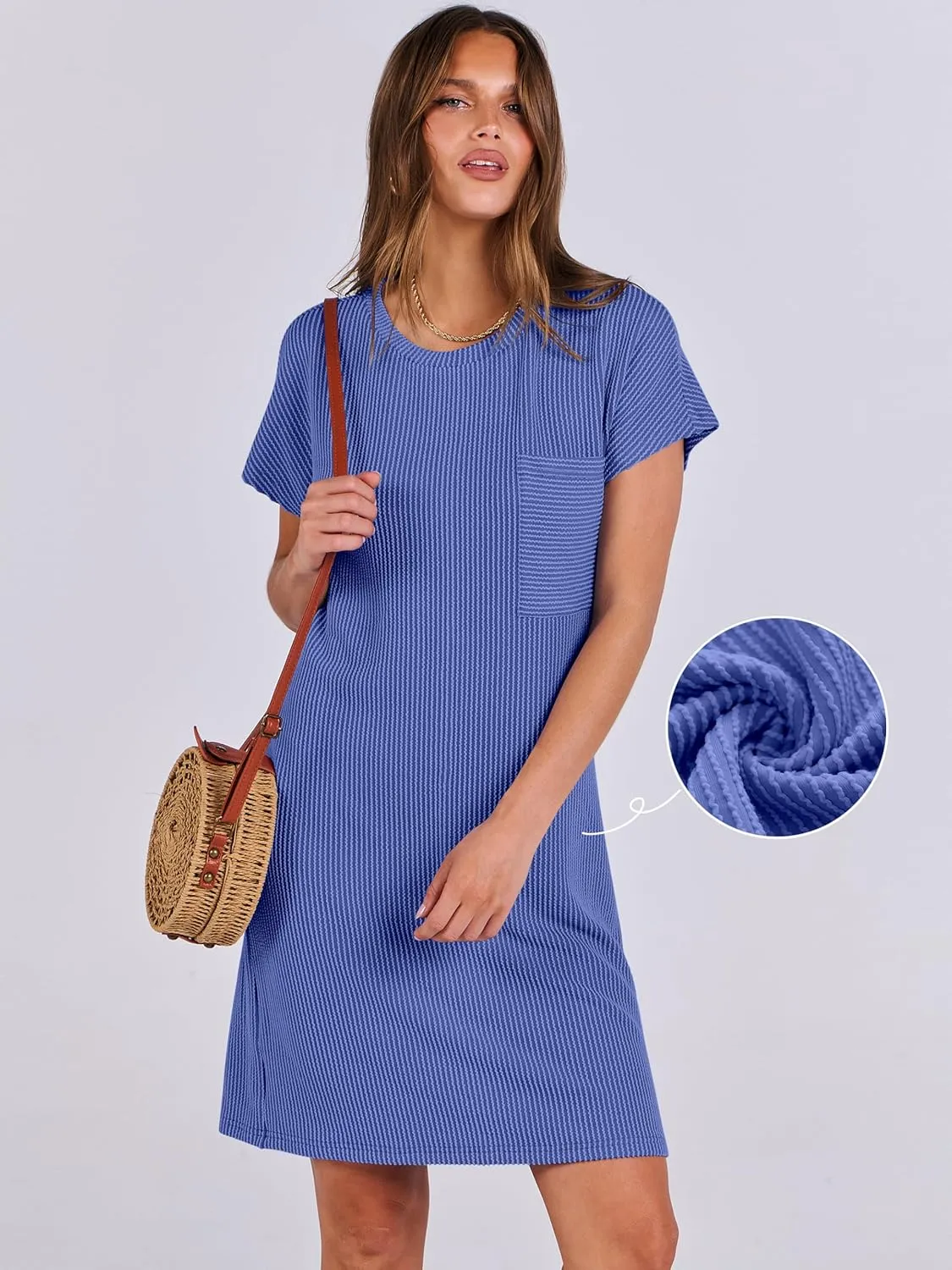 ANRABESS Womens Casual Summer Ribbed Knit Tunic Tshirt Mini Dresses 2025 Trendy Crewneck Short Sleeve Beach Loose Shift Dress