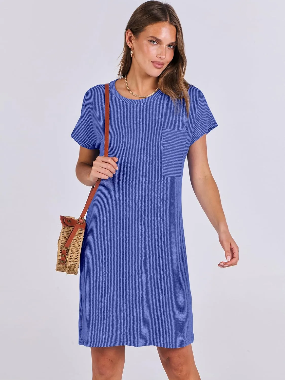 ANRABESS Womens Casual Summer Ribbed Knit Tunic Tshirt Mini Dresses 2025 Trendy Crewneck Short Sleeve Beach Loose Shift Dress