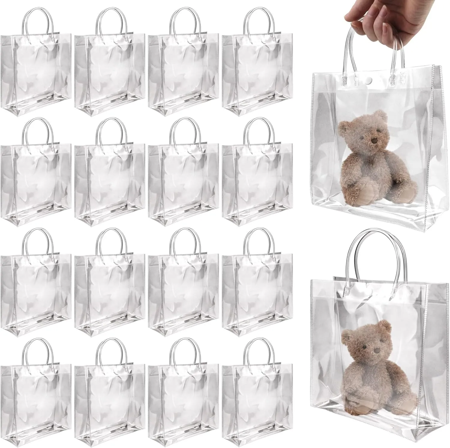 BadenBach 16 PCS Clear Gift Bags with Handle,7.87" x 7.87" x 3.15",Transparent Plastic Gift Wrap Bag Bulk Reusable Clear Party Favor Goodie Bags for Boutique Wedding Birthday Baby Shower Father's Day