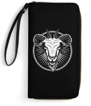 Baphomet Head Womens Wallet Zippered Long Clutch Purse Leather Handbag with Wristlet Strap