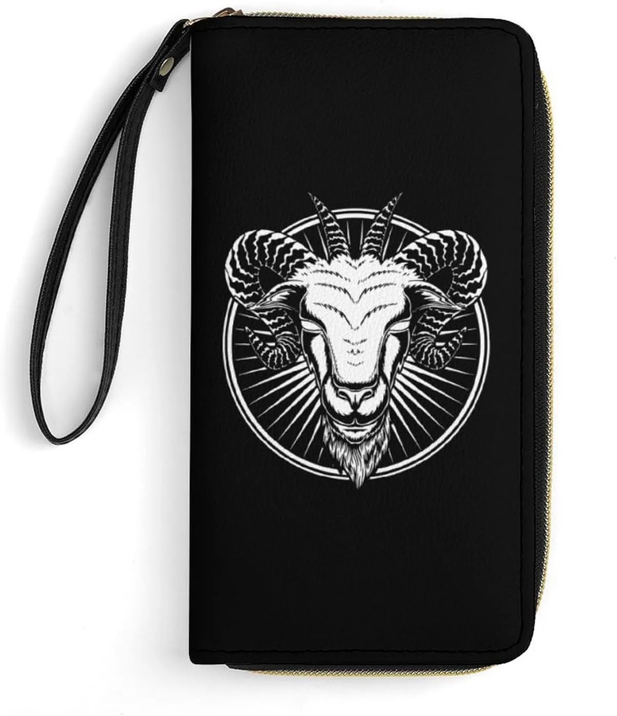 Baphomet Head Womens Wallet Zippered Long Clutch Purse Leather Handbag with Wristlet Strap
