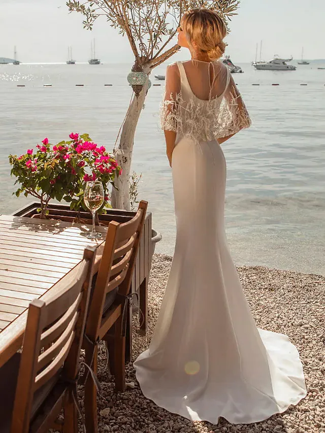 Beach Open Back Casual Wedding Dresses  Sleeveless Square Satin With Buttons Beading