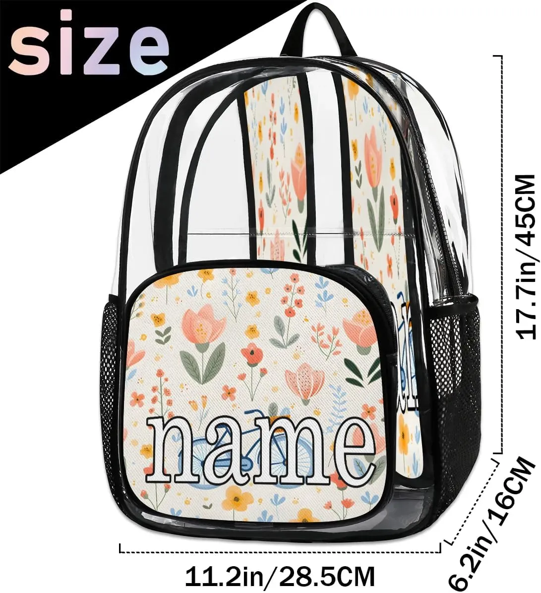Bicycle Pattern Personalized Clear Backpack Custom Waterproof PVC Transparent Backpack with Name Heavy Duty Transparent Bag for Work Travel Concerts