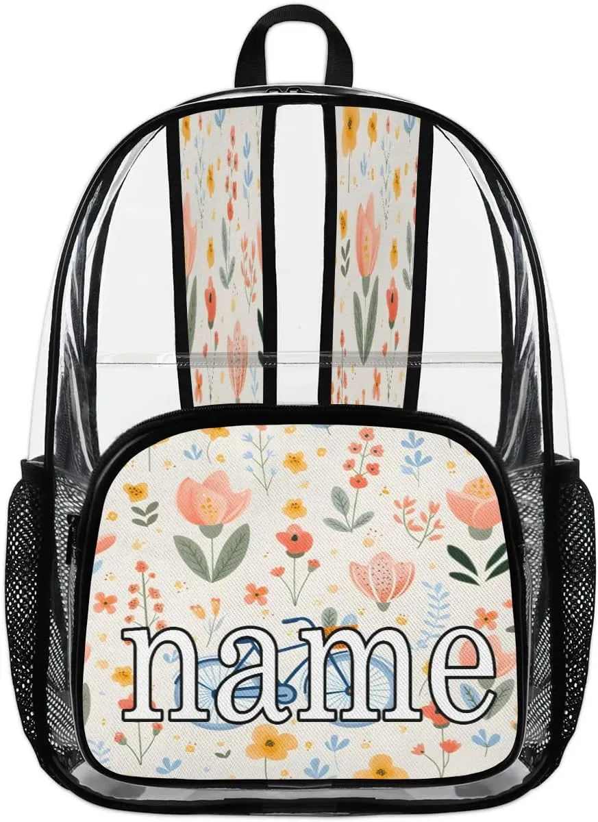Bicycle Pattern Personalized Clear Backpack Custom Waterproof PVC Transparent Backpack with Name Heavy Duty Transparent Bag for Work Travel Concerts