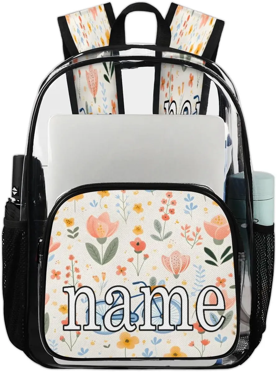 Bicycle Pattern Personalized Clear Backpack Custom Waterproof PVC Transparent Backpack with Name Heavy Duty Transparent Bag for Work Travel Concerts