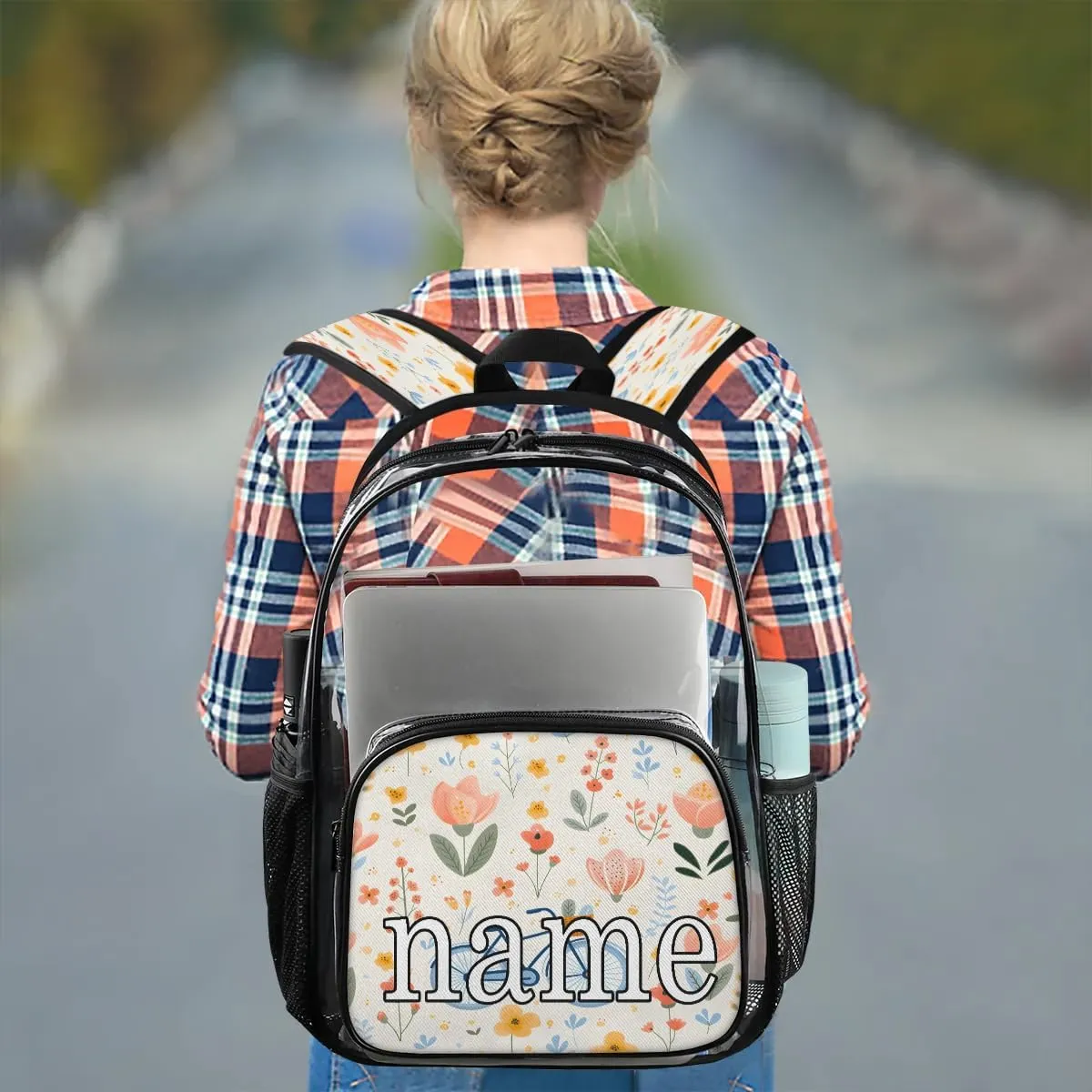 Bicycle Pattern Personalized Clear Backpack Custom Waterproof PVC Transparent Backpack with Name Heavy Duty Transparent Bag for Work Travel Concerts