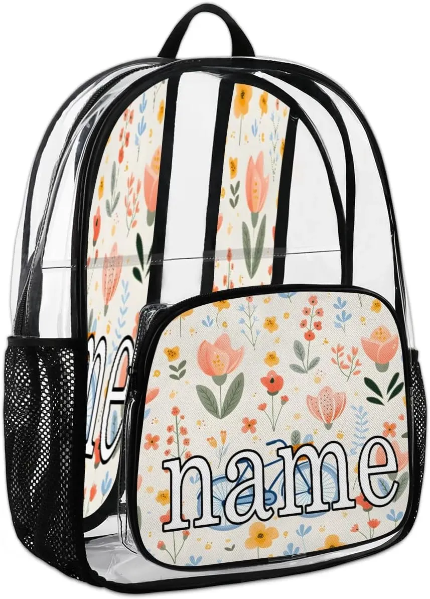 Bicycle Pattern Personalized Clear Backpack Custom Waterproof PVC Transparent Backpack with Name Heavy Duty Transparent Bag for Work Travel Concerts