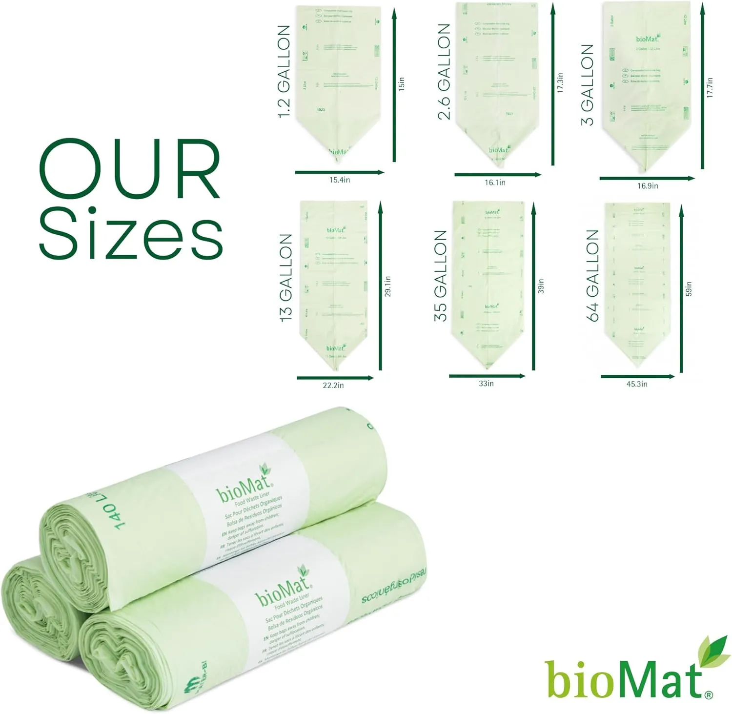bioMat 13 Gallon Compostable Trash Bags, 50 Count, BPI Certified ASTM D6400, Compostable Tall Kitchen Garbage Bags, Trash Bags for Residual Waste