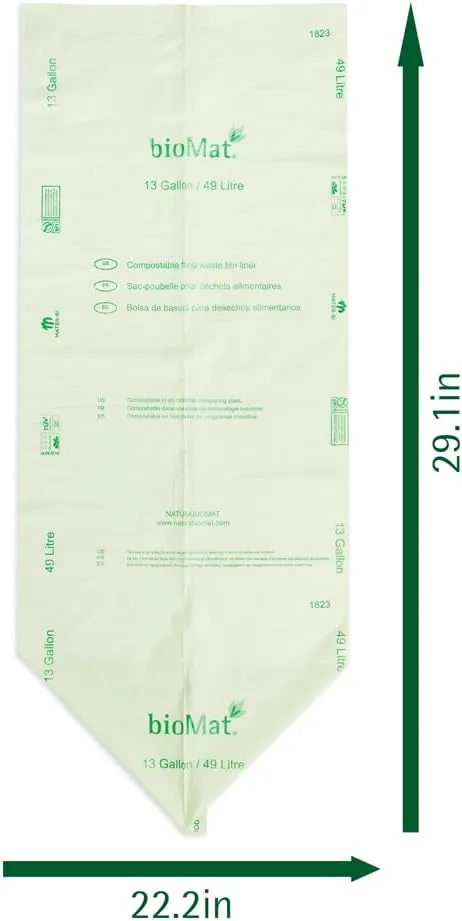 bioMat 13 Gallon Compostable Trash Bags, 50 Count, BPI Certified ASTM D6400, Compostable Tall Kitchen Garbage Bags, Trash Bags for Residual Waste