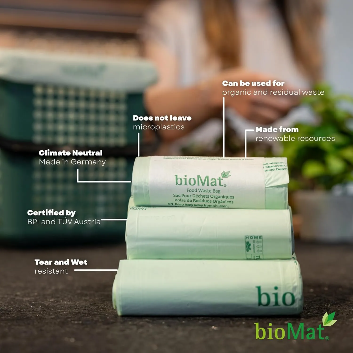 bioMat 13 Gallon Compostable Trash Bags, 50 Count, BPI Certified ASTM D6400, Compostable Tall Kitchen Garbage Bags, Trash Bags for Residual Waste