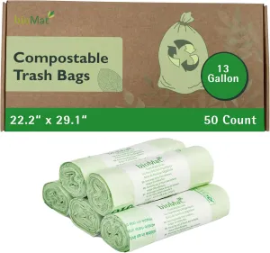bioMat 13 Gallon Compostable Trash Bags, 50 Count, BPI Certified ASTM D6400, Compostable Tall Kitchen Garbage Bags, Trash Bags for Residual Waste
