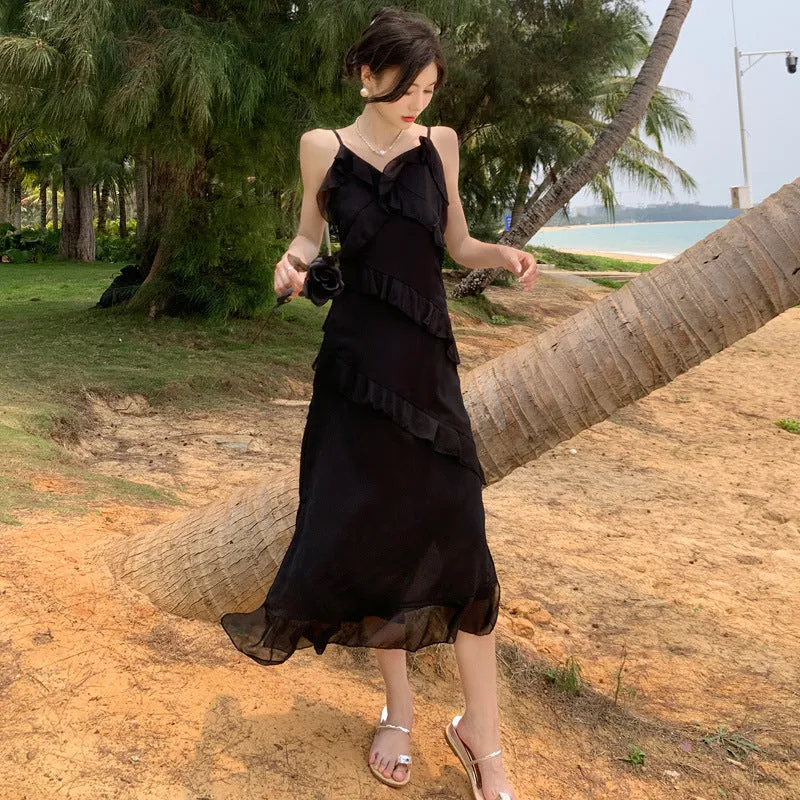 Black Layer Long Summer Dress  Spaghetti Strap Evening Dress 429