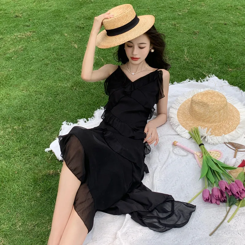 Black Layer Long Summer Dress  Spaghetti Strap Evening Dress 429