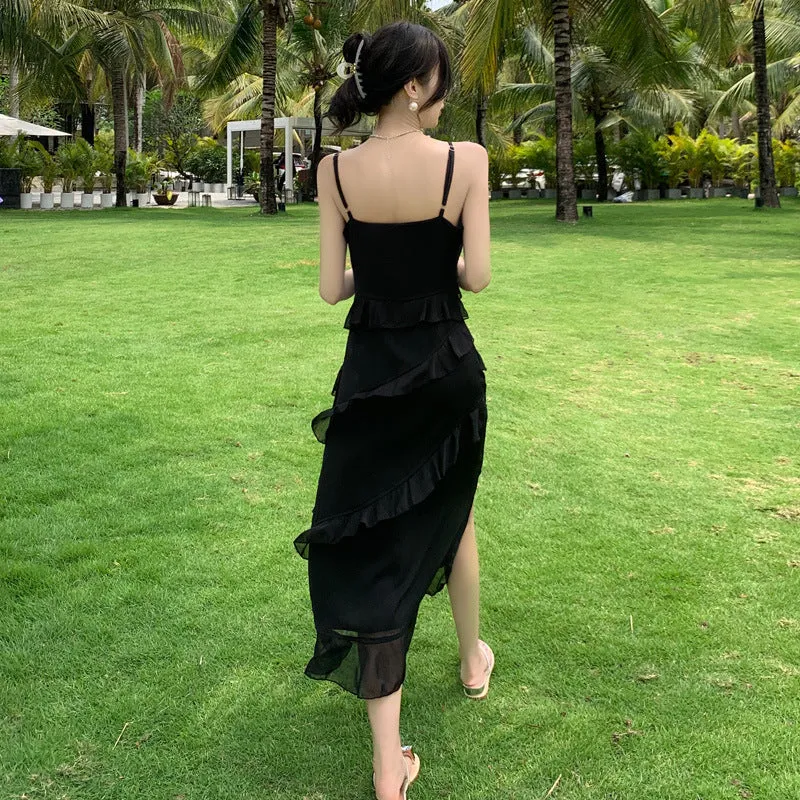 Black Layer Long Summer Dress  Spaghetti Strap Evening Dress 429