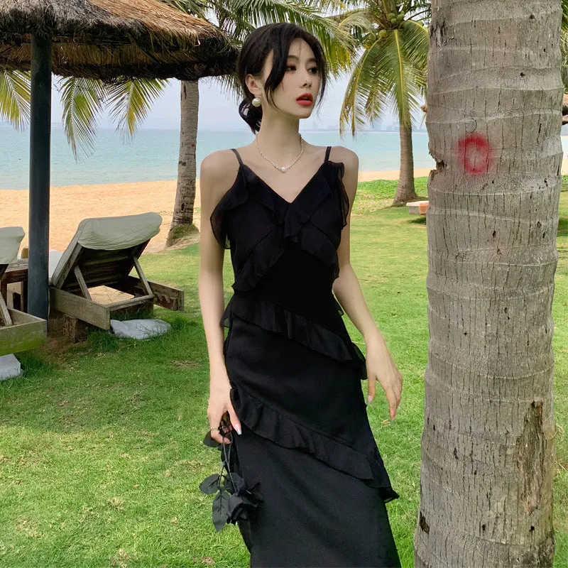 Black Layer Long Summer Dress  Spaghetti Strap Evening Dress 429