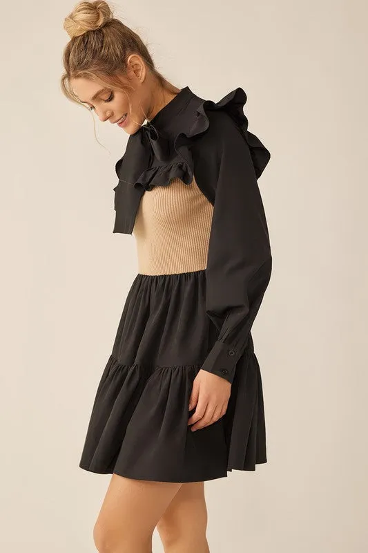 Black Mocha Long Sleeve Two Tone Ribbon Neckline Mini Dress